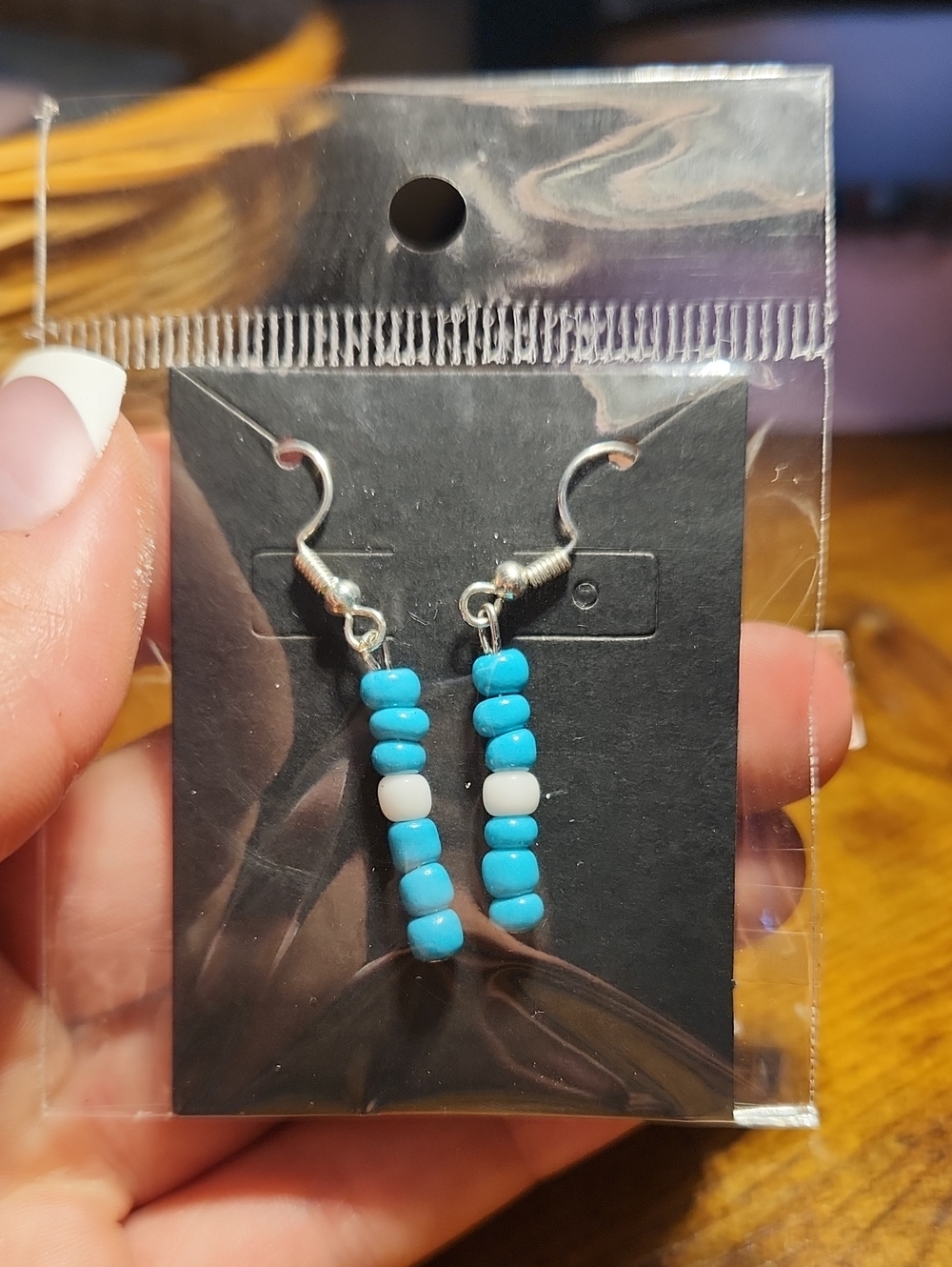 Turquoise Beaded Dangle Earrings - Blue & White